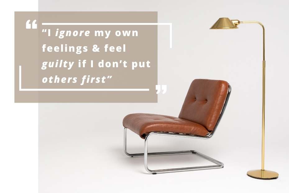 text: I ignore my feelings and feel guilty if I don't put others first, chair and lamp