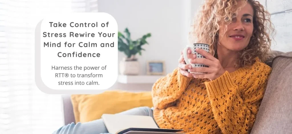 A relaxed woman sitting comfortably at home with a hot drink, feeling calm and at ease after RTT® hypnotherapy for stress