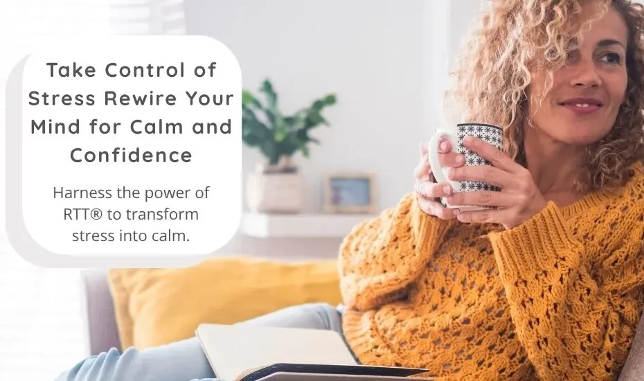 A relaxed woman sitting comfortably at home with a hot drink, feeling calm and at ease after RTT® hypnotherapy for stress