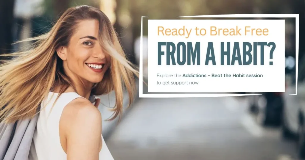 Smiling woman representing freedom and positivity – link to addictions hypnotherapy support session