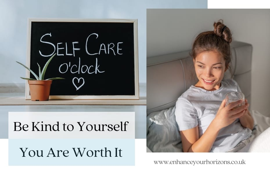 A woman practicing self-care relaxing with drink of water