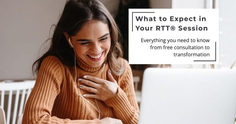 Online RTT® hypnotherapy session with a laptop and headset on a desk in a softly lit, peaceful room