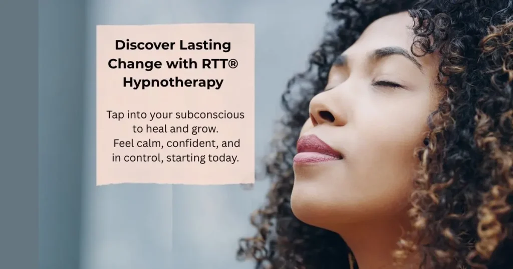Calm woman with eyes closed, breathing in peacefully, symbolising the benefits of RTT Hypnotherapy for anxiety, confidence, addictions, phobias, and personal growth