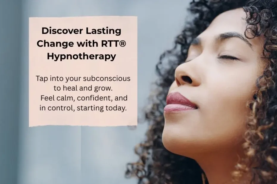 Calm woman with eyes closed, breathing in peacefully, symbolising the benefits of RTT Hypnotherapy for anxiety, confidence, addictions, phobias, and personal growth