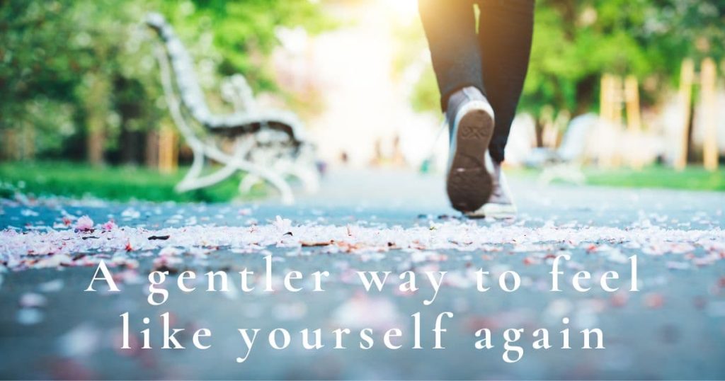Person walking along a spring path covered in flower petals, with soft sunlight and benches in the background.