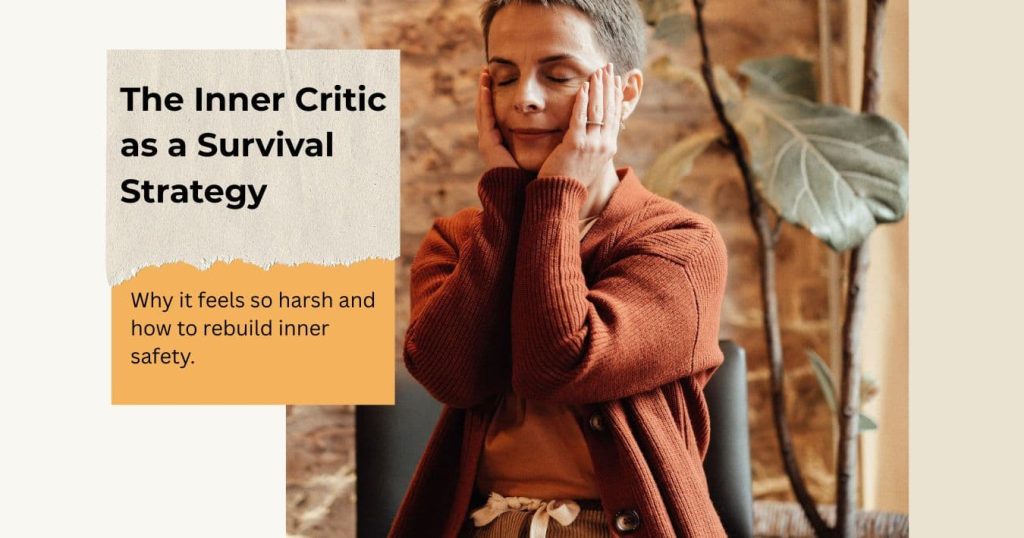 Person sitting quietly with eyes closed, wearing rust cardigan, symbolising reflection and inner critic work