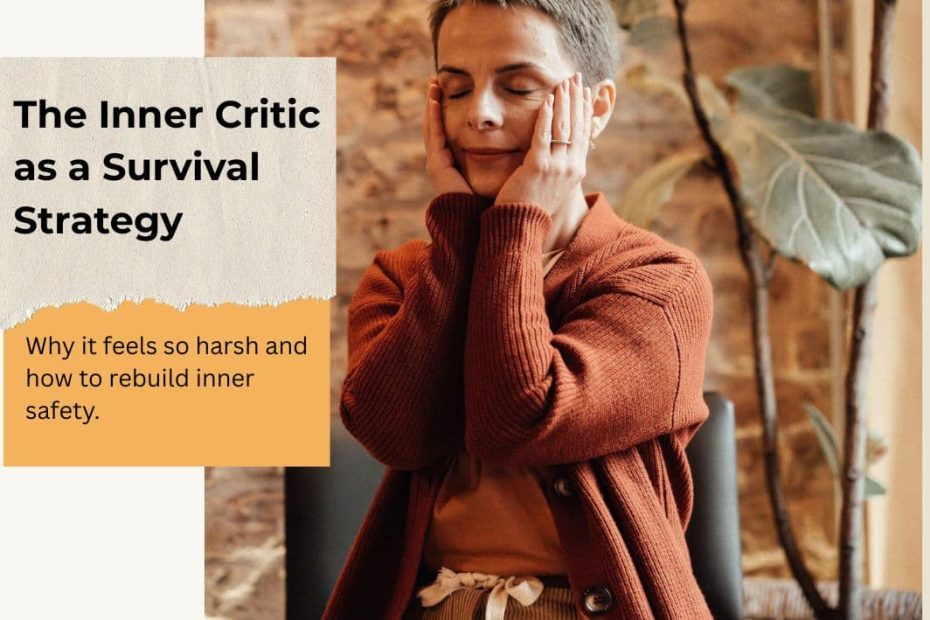 Person sitting quietly with eyes closed, wearing rust cardigan, symbolising reflection and inner critic work