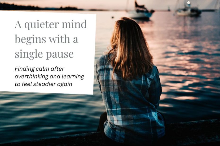 Person sitting quietly by calm water at sunset, symbolising clarity and peace after overthinking and RTT hypnotherapy.